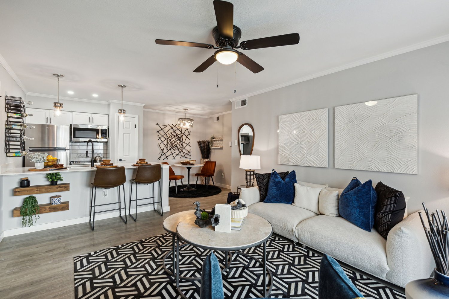 Renovated living area and kitchen at The Ace