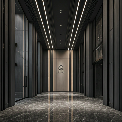 Office lobby with a marble floor and linear ceiling lights