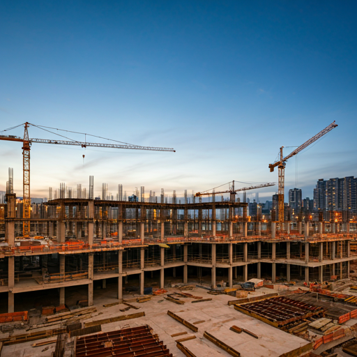 Construction cranes above an urban development