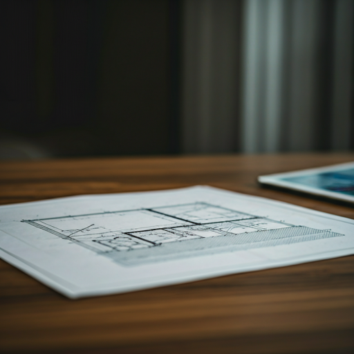 Architectural plans and a tablet on a wooden table