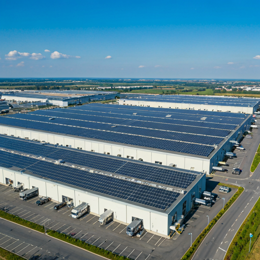 Logistics buildings with rooftop solar panels