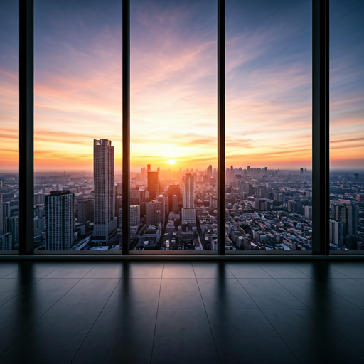 City skyline at sunset through floor-to-ceiling windows