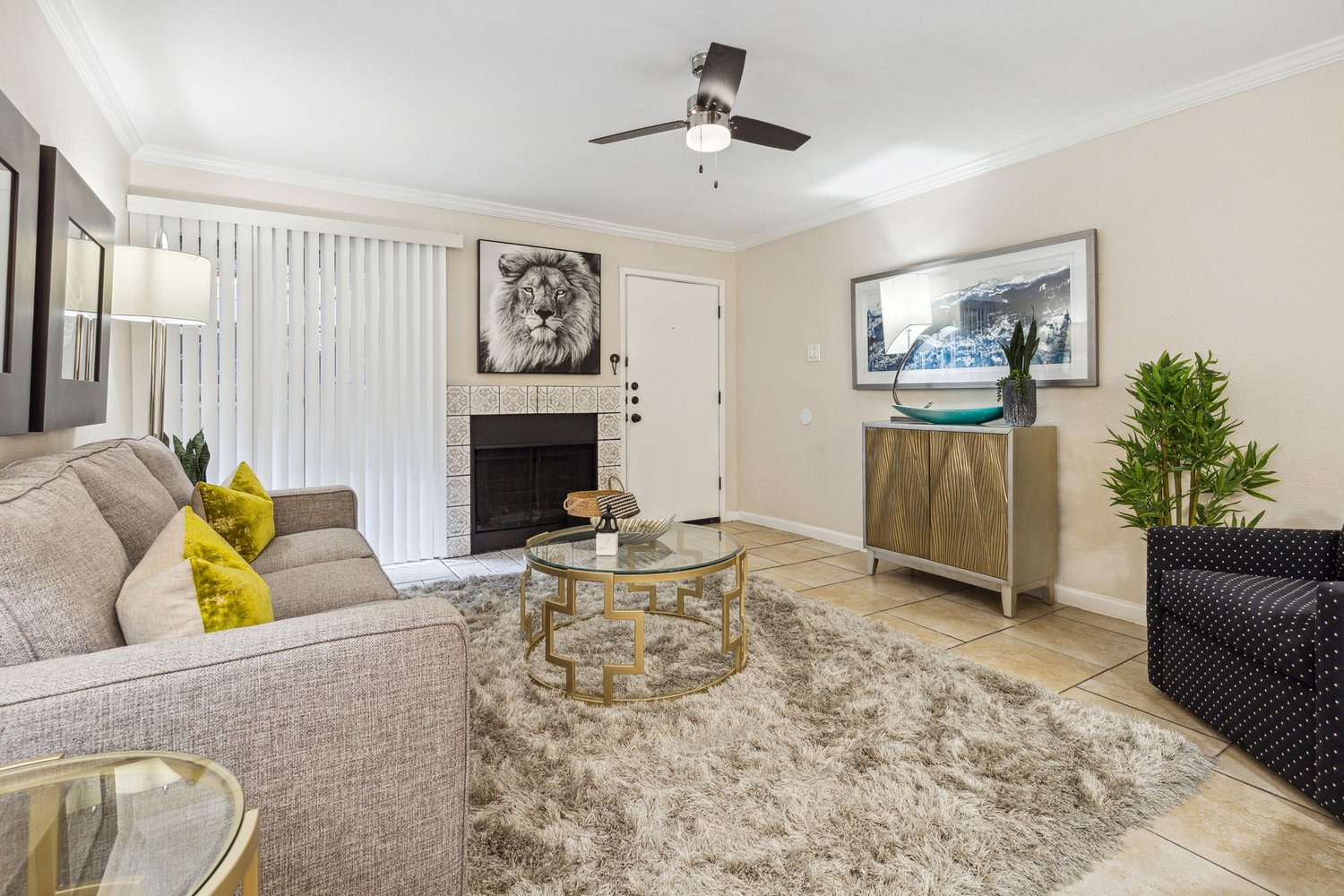 Furnished living room with fireplace